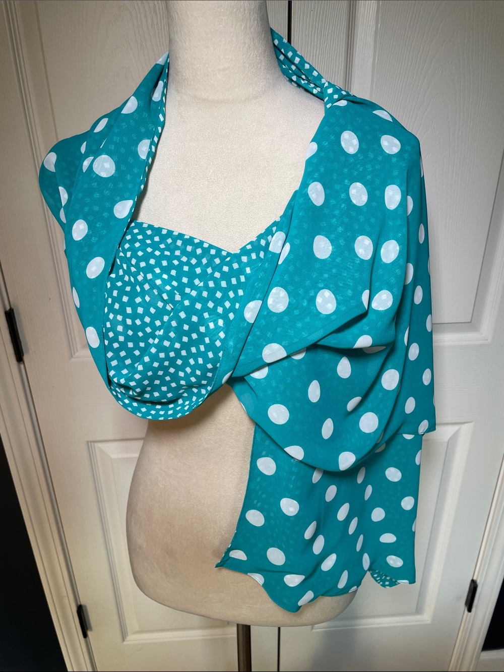 Susan Graver Teal and White Polka Dot Scarf Wrap 70” Long